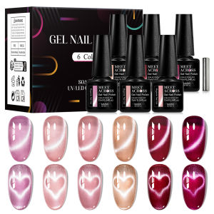 MEET ACROSS | 7/9pcs Jelly Pink Red Cat Magnetic Gel Nail Polish Set Heart Cat Magnetic Semi Permanent UV Gel Varnish Soak Off Nail Supplies