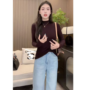 2025 New Style Womens Slim Fit Long Sleeve T-Shirt Half High Collar Threaded Base Layer Shirt Versatile Inner Wear Korean Version Top