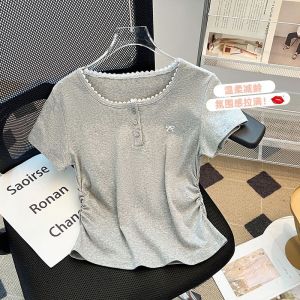 เสื้อยืดแขนสั้นผ้าฝ้ายแท้สีเทา สำหรับผู้หญิง ทรงเข้ารูป ลายลูกไม้ ช่วงไหล่ ทรงเข้ารูป ทรงเข้ารูป เสื้อผ้าทำงานสไตล์เกาหลี