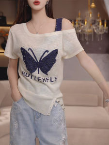 Shalldoer | Sweet Pure Desire Butterfly Embroidery Knitted Top Womens Summer Thin Shoulder Bared Short Sleeve Loose Fit Korean Style