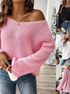 เสื้อสเวตเตอร์แขนยาวคอวีเปิดไหล่ผู้หญิงฤดูใบไม้ร่วงและฤดูหนาว เสื้อผ้าทำงานคอวีแขนยาวสีพื้นแบบสวมหัว