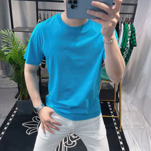 Pure Color Silk Cotton Mens T-shirt round Neck Short Sleeve Fashionable High End European Style Simple Half Sleeve Breathable Summer Top
