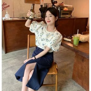 MissMoka Evelyn Set Setelan Blouse Bunga + Midi Dress Slit Korean Summer Style (free kalung/free pearl necklace)