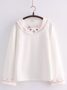 เสื้อสเวตเตอร์คอกลมแขนยาวผ้าฝ้ายลายแมวน่ารักสำหรับนักเรียนหญิงฤดูใบไม้ผลิและฤดูใบไม้ร่วง เสื้อผ้าทำงานสไตล์ญี่ปุ่น