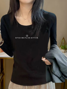 Áo Thun Dài Tay Cổ Chữ U Màu Đen Ôm Vừa Vặn Thời Trang Thu Đông Mới Cho Nữ Áo Thun Cotton Thoải Mái Mặc Ngoài