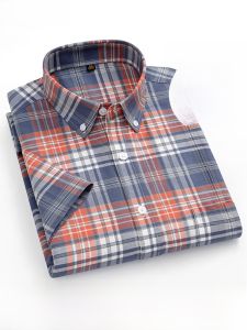 Yaloo Mens Short Sleeve Shirt Summer Cotton Casual Fashion Red Plaid Half Sleeve Button Collar Mid-Year Urban Style Breathable