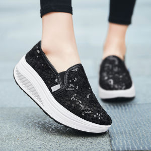 Beijing Ladies Canvas Shoes Lace up Thick Heel Slip on Casual Low Cut Breathable Footwear Fashionable Hollow out Mesh Sneakers