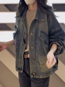 Fashionable Retro Denim Short Jacket Womens Casual Long Sleeve Loose Fit Trendy Outerwear Polo Collar Single Button Closure