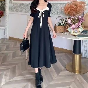 korean black long summer dress woman elegant plus size casual dress women simple dress graduation dress 2XL 黑色连衣裙 法式連衣裙顯瘦
