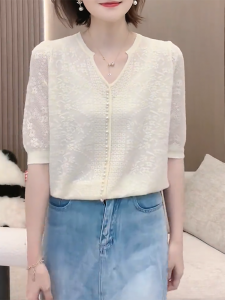 QINGNAER | Large Size V-Neck Elegant Lace T-shirt