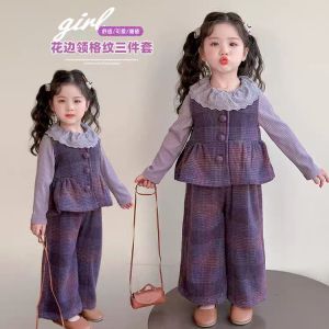 Fashionable Three-Piece Set for Girls Spring Autumn Korean Style Baby Clothes Cotton Polyester No Hat Single Button Closure