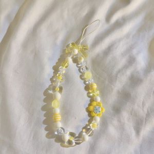 Korean Style Fresh Blue Pink Yellow Bows Flower Bracelet Cute Beaded Lanyard Phone Case Ornament Pendant CCD Camera Chain Lanyard Carrying Strap Anti-Lost Portable Hand-Carrying Phone Chain Pendant Accessories