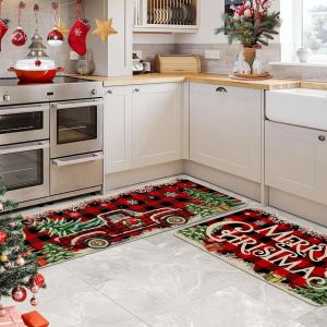 VIKAMA 2pcs Christmas Winter Crystal Velvet Floor Rug Kitchen Non-slip Mat Entrance Welcome Door Mat Holiday Home Decoration