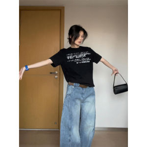 Áo Thun Tay Ngắn Dáng Rộng in Chữ Màu Đen Phong Cách Retro Mỹ Dành Cho Nữ Mùa Hè Chất Liệu Cotton Cao Cấp Cổ Tròn