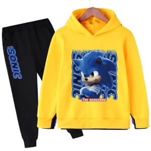 ชุดฤดูใบไม้ร่วงและฤดูหนาวสำหรับเด็กชายและเด็กหญิงเสื้อสเวตเตอร์ลายอักษร Sonic Hedgehog บวกกำมะหยี่สำหรับเด็กชุดออกกำลังกายสองชิ้นสำหรับเด็ก