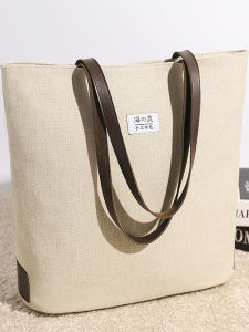 Cotton Canvas Tote Bag for College Girls Linen Commuter Casual Large Bag Soft Handle Double Zipper Closure Fresh Style