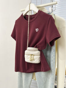 Red Pure Cotton Short Sleeve T-Shirt Womens Summer Design Loose Top Heart Print Casual Commute Style Creative Pattern