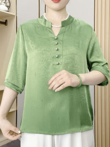 เสื้อยืดแขนสั้นสไตล์จีนใหม่สำหรับผู้หญิง ฤดูร้อน 2025 ทรงปกติ คอวี ลายดอกไม้ ทรงพอดีตัว ทรงพอดีตัว