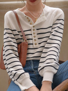 Black White Striped Knitted Base Shirt Womens Spring Autumn Retro Japanese Style Pullover Sweater Inner Wear Thermal Heating