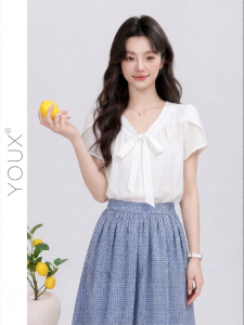 YOUXIANG | Áo Thun Đa Năng Kiểu Pháp Cổ V Tay Sơ Mi Hoa