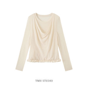 Lace Trim Faux Two-Piece Cowl Neck Casual Long Sleeve Knit Top for Women