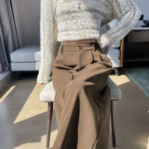 Retro Corduroy Wide Leg Pants Womens Autumn Winter Small Size High Waist Slimming Concealing Loose Straight Casual Nine-Piece Pants