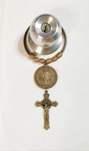 House Protection St. Benedict Antique 1.75 inch Miraculous Medal with 1.75x3 inches Cross and 3.25 inches dia Ring Door Chimes Souvenir St. Benedict is One of the Intercessors of God for Protection Against Evil