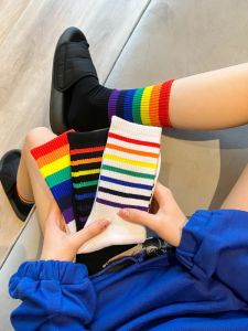 Colorful Stripe Cotton Sports Socks for Women Student Casual Black White Mid-Calf Spring Autumn Leisure Store Delivery