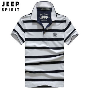 Jeep Spirit Mens Short Sleeve Polo Shirt Pure Cotton Striped Collared T-Shirt Summer Thin Standard Fit Antibacterial Treatment