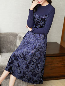 ชุดเดรสยาวผ้ากำมะหยี่สีแดงฤดูใบไม้ผลิ 2021 ทรงเอ เดรสยาวปานกลาง แขนยาว คอตั้ง กระโปรงทรงเอ ชุดทำงานสไตล์ย้อนยุค