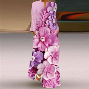 Elegant V-Neck Long Sleeve Dress Thin Print A-Line Skirt Fashion Gradient Effect 3D Stereo Printed Spring Summer New Womens Dress