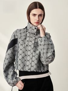 HR | HR Helena Vintage Hooded Short Jacket Womens Color Block Brand Logo Print Commute Casual Short Coat Top Polyester Blend