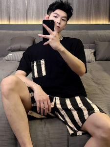 Mens Summer Cotton Pajamas Short Sleeve Thin Home Clothes Set Striped Design Youth Can Wear Outdoors Lightweight Sleepwear