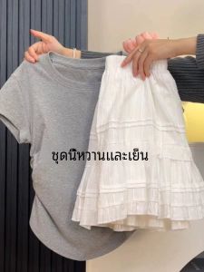 ชุดกระโปรงสั้นสีขาวสไตล์ฝรั่งเศส ชุดกระโปรงสั้นทรงเค้ก แขนสั้น สีเทา ชุดสองชิ้น แฟชั่นฤดูร้อน กระโปรงสั้นทรงเอ ชุดกระโปรงสั้น