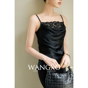 WANGXO | Bộ Đầm Halter Cổ Xẻ Cắt Chéo 45 Độ Phối Ren Vải Acetate Satin Dày