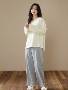 me home wear | Cotton Pure Color Round Neck Long Sleeve Casual Simple Wearable Loungewear Set