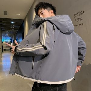 ROMON | Lormen Mens Hooded Jacket Spring Autumn Short Loose Casual Workwear Outdoor Sports Windproof Fleece Lined Zipper Closure