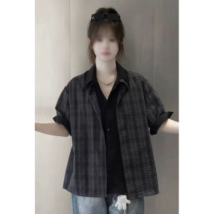 Áo Sơ Mi Cổ Trụ Tô Màu Plaid Phối Nối Mùa Hè Retro Phong Cách Trung Tính