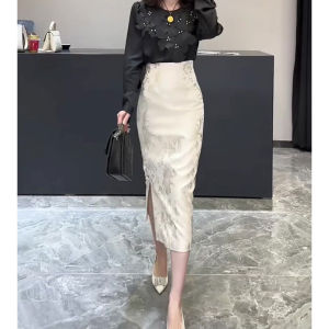 White Retro Button Print Half Skirt Womens High Waist Slimming Split Wrap Body Skirt Korean Style Casual Autumn New Arrival