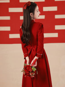 Red Chinese Style Cheongsam Engagement Dress Long Sleeve Wedding Dress New Bride Sensation Return Home Dress Autumn Winter
