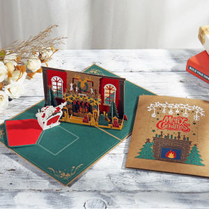 Christmas Stereoscopic Greeting Cards Ait Card Blessing 3D Card Send Friends Christmas Eve Gift Santa Claus and Deer