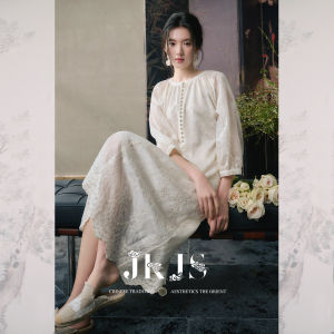 JK&JS | New Chinese Style Embroidered Silk Dress Women Summer Vacation White Long Dress JKJS H Version Loose Fit Round Neck Seven Sleeve