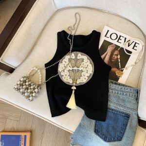 Elegant Chinese Style Embroidered Knitted Vest Womens Summer New Fashion Heavy Industry Sleeveless Belted Outerwear Slim Fit Top