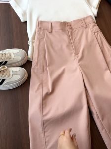 Simple Pink Slim Fit Trousers Wide Leg Pants Womens Summer Autumn New High Waist Drape Loose Casual Nine Point Pants