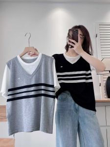 plus Size Ice Silk Knitted Stripe T-Shirt Womens Summer New Style Color Block Patchwork Belly Concealing Top round Neckline