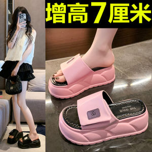 Womens Summer Thick Bottom 7cm Slip-On Sandals Beachwear Outdoor Casual Slipper Comfortable Small Size 34 PU Leather