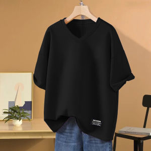 ผ้าฝ้ายแท้บล็อกสีคอวีแขนสั้นเสื้อยืดผู้หญิงหลวมพอดีสไตล์ฤดูร้อนเข้าได้หลายชุดแลดูผอมขนาดใหญ่เสื้อผ้าทํางานลําลองของผู้หญิง