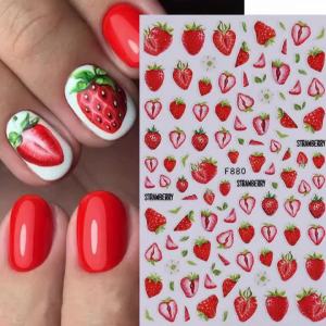 3Summer fruit strawberry cherry nail art stickers - Self-adhesive shiny finish,Cartoon leaves and fruit design,Disposable odorle