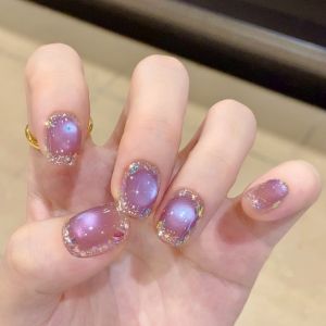 Handmade Short Wearing Nail Art Purple Cat Eye Bursting Flash White Enhancing Finished Product Nail Patch Luxury Sensation