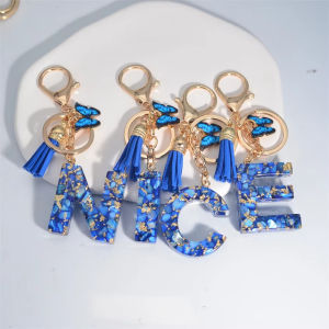 Fashion Blue Glazed Stone A To Z 26 Initials English Alphabet Letter Tassels Keychain Crystal Acrylic Butterfly Tassel Pendant Car Key Chain Women Jewelry GIfts Accessories